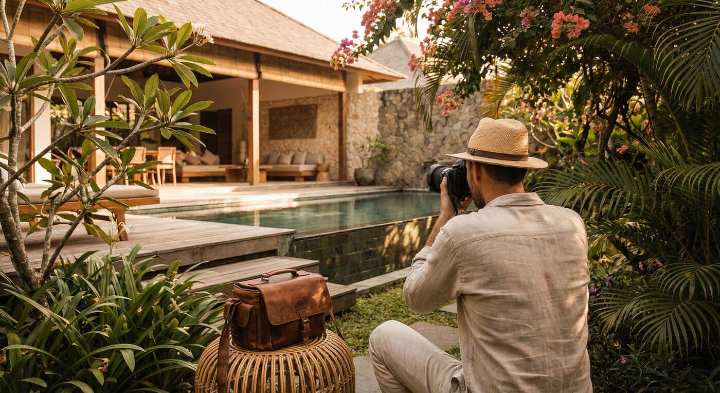 Professional photographer capturing a luxury Bali villa