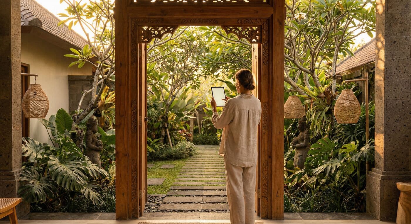 Villa manager with tablet at the entrance of a Bali property