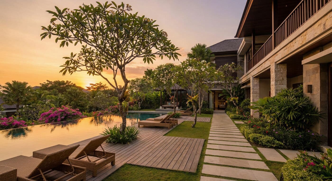 Tropical villa in Bali surrounded by lush gardens at golden hour