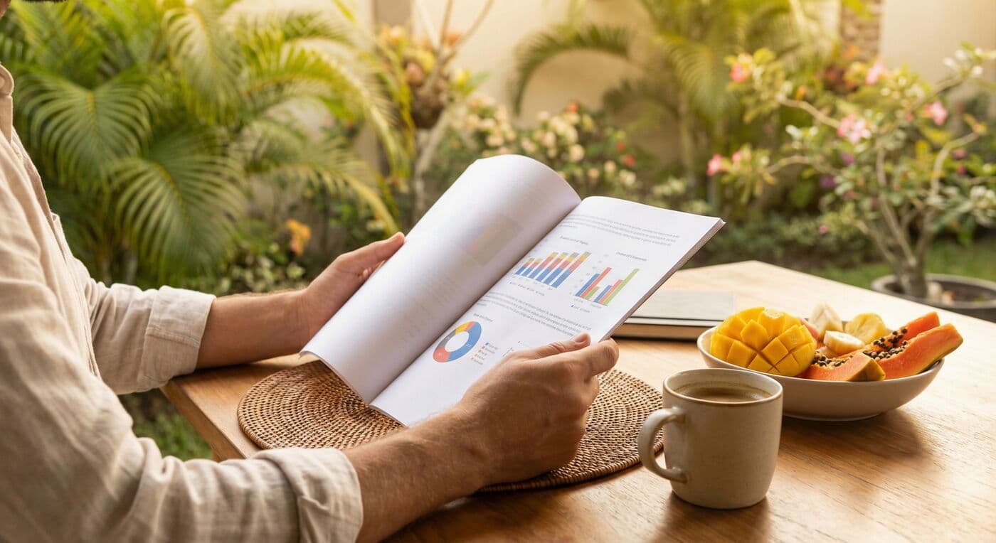 Villa owner reviewing monthly report at breakfast