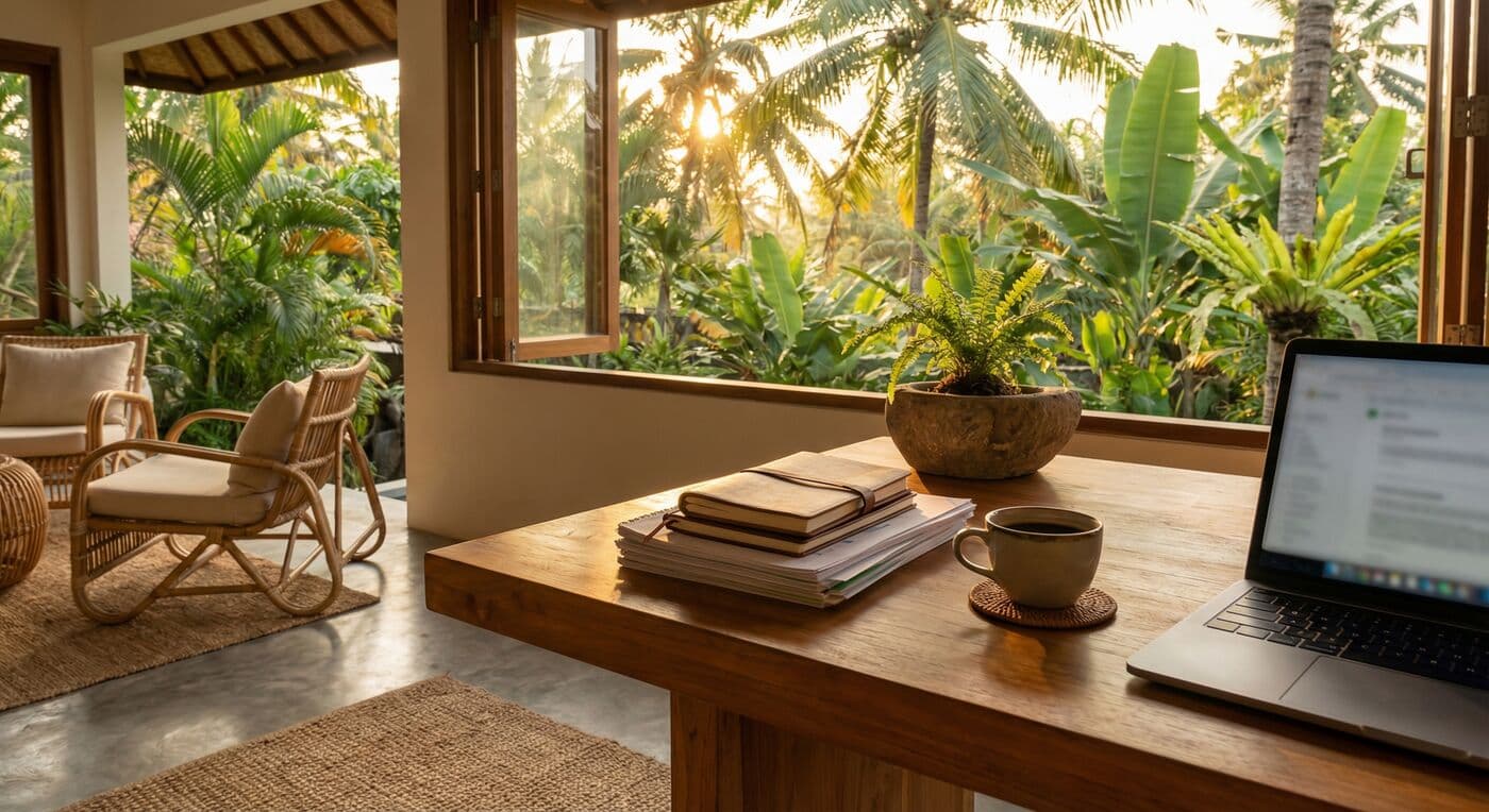 Professional workspace in a tropical setting with financial documents