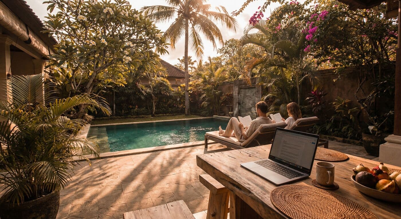 Laptop showing booking analytics by a tropical pool
