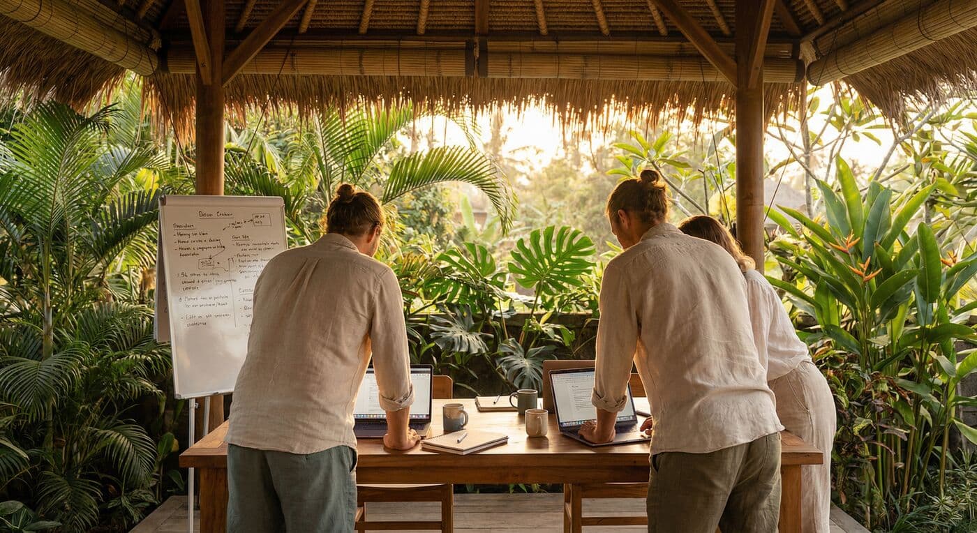 Team collaborating in a bright Bali coworking space