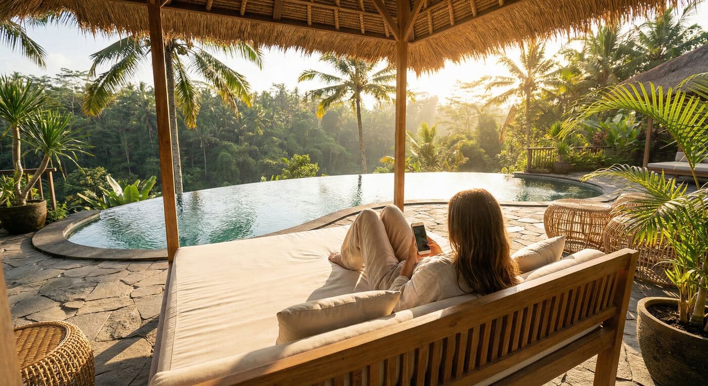 Villa owner checking their phone poolside at a Bali villa