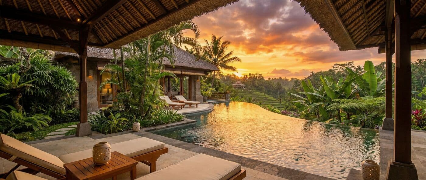 Luxury villa with infinity pool overlooking Bali sunset