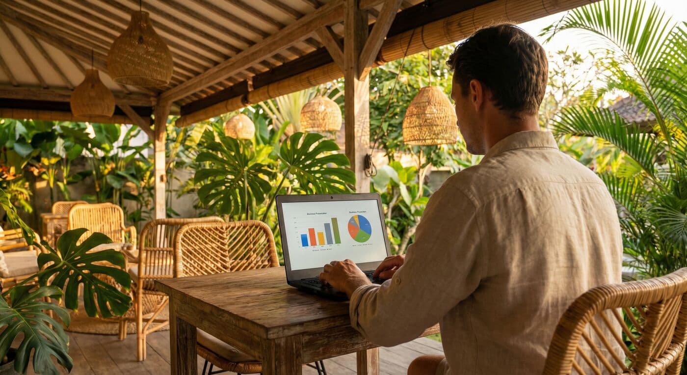 Owner reviewing villa performance dashboard on computer