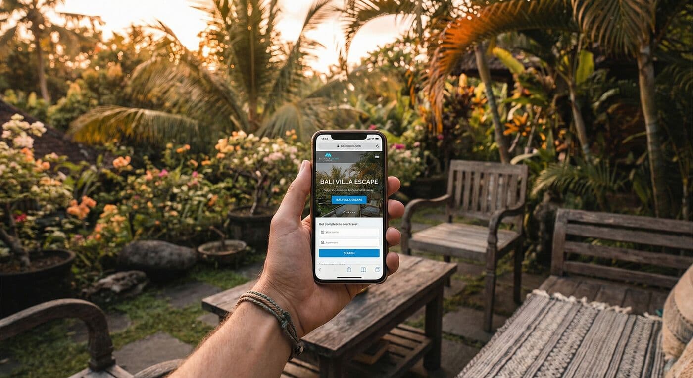 Mobile phone displaying a villa booking website